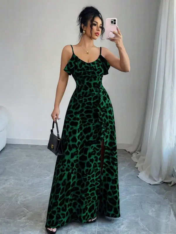 Green Leopard Print Maxi Dress