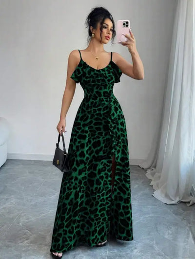 Green Leopard Print Maxi Dress