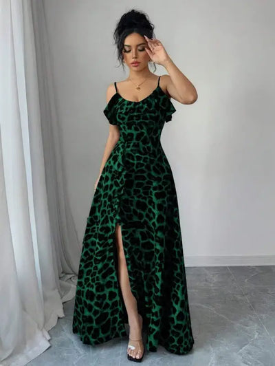 Green Leopard Print Maxi Dress