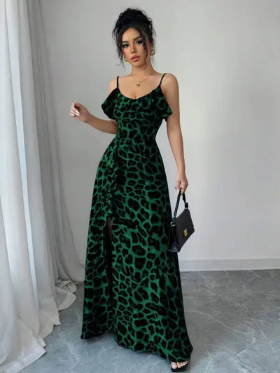 Green Leopard Print Maxi Dress