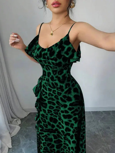 Green Leopard Print Maxi Dress