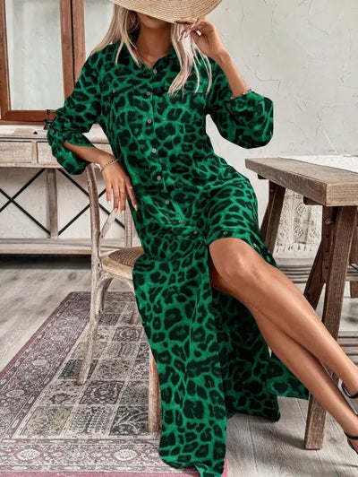 Green Leopard Print Shirt Dress