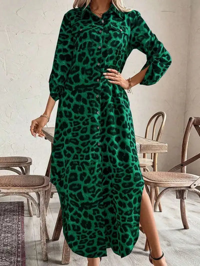 Green Leopard Print Shirt Dress