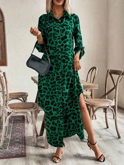 Green Leopard Print Shirt Dress