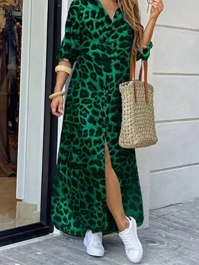 Green Leopard Print Shirt Dress